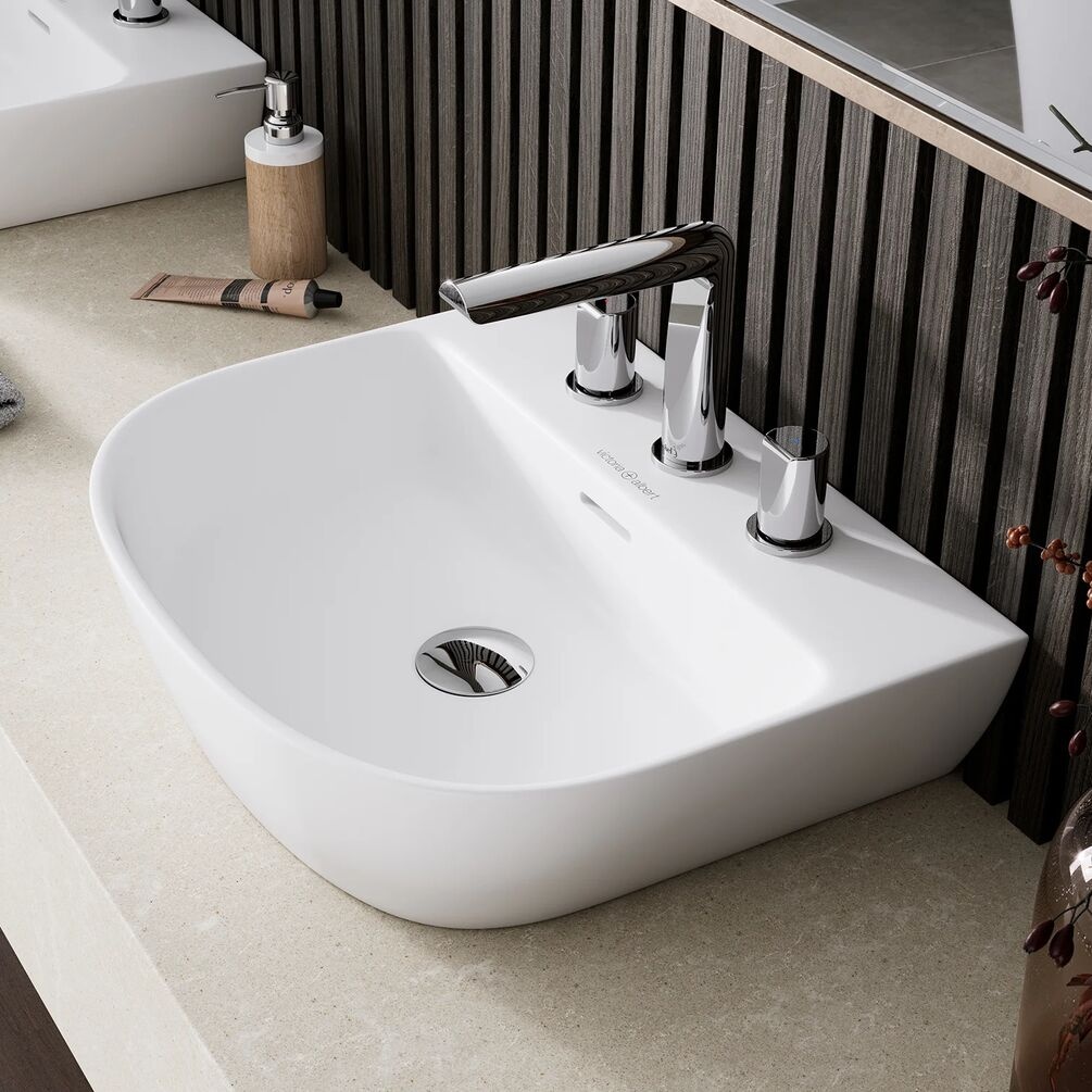 Lifestyle image of the Victoria + Albert Lussari 500mm Matt White Back to Wall Countertop Basin